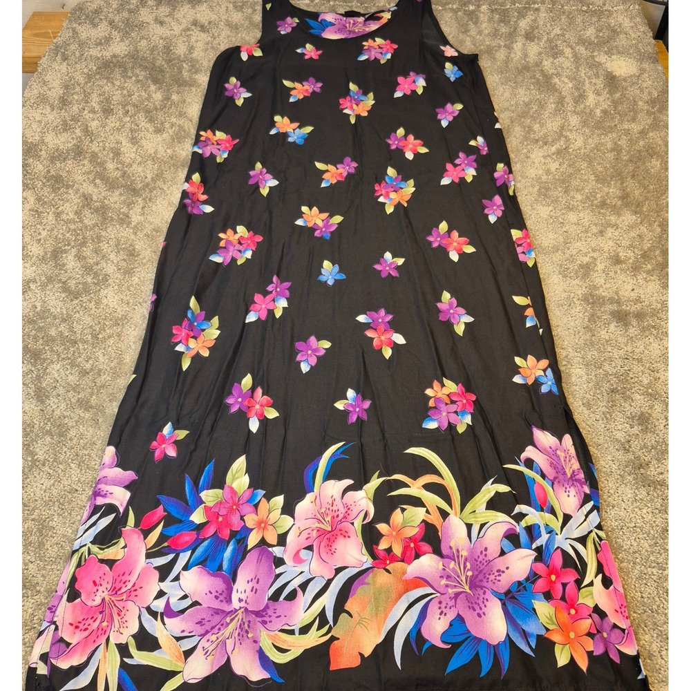 Erika Dresses Womens Medium Black Tropical Floral Rayon Maxi Tank Dress‎ Slits